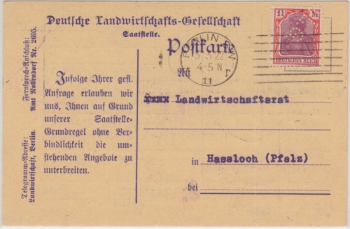 DR - 1 1/4 M. Germania Perfin DLG Karte Berlin Hasloch 1922