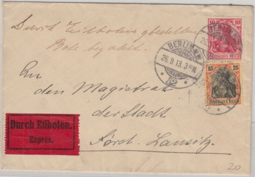 DR - 10+25 Pfg. Germania Eilbrief Berlin NW52 (Rohrpost) - Forst (Lausitz) 1913
