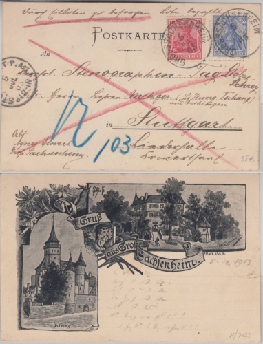 DR - 10+20 Pfg Germania o.Wz. Eilkarte Gruss aus Grosssachsenheim Stuttgart 1903