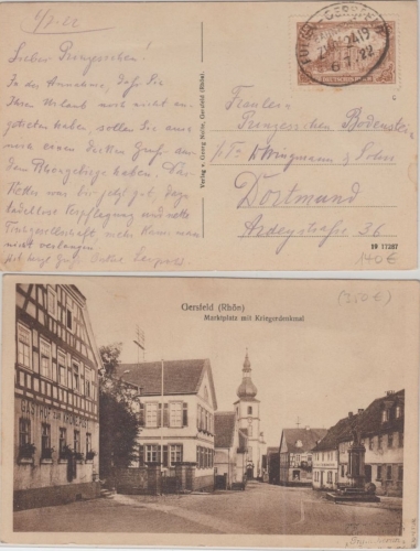 DR - 1,50 M. Reichspostamt c-Farbe Karte Bahnpost Fulda Gersfeld Zug 2419 1922