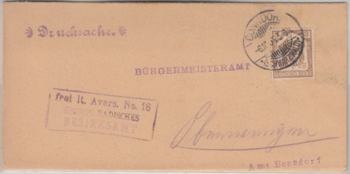 DR - 3 Pfg. FdA 16 Drucksache Bonndorf - Oberwangen 1905 SELTEN !!!!