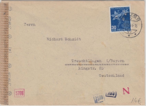 Schweiz - 30 C. Juventute Alpenakelei Zensurbrief Brugg - Trechtlingen 1944