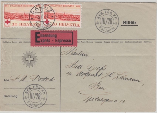Schweiz - 2x20 C. 75 J. Rotes Kreuz Militärpost Eilbrief Galmitz - Bern 1939