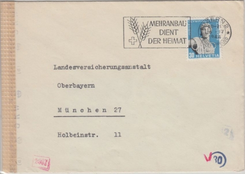 Schweiz - 30 C. 50 J. Olympiade Zensurbrief Luzern - München 1944 OKW-Zensur