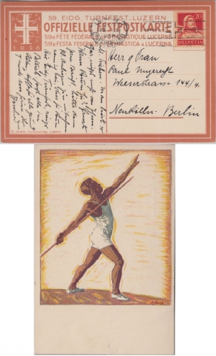 Schweiz - 50. Eidgen. Turnfest Luzern 1928 farb Sonderkarte Luzern - Berlin 1928