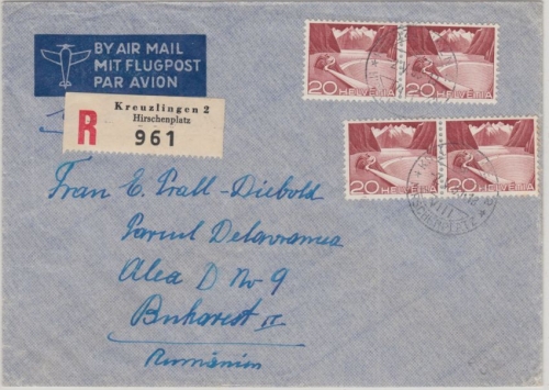Schweiz - 4x20 C. Freimarken Luftpost Einschreibebrief n. RUMÄNIEN Kreuzlingen