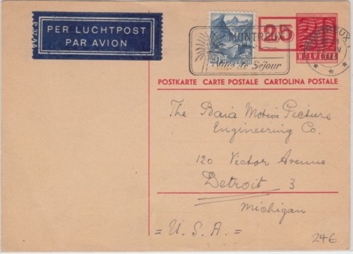 Schweiz - 25 a. 20 C. Ganzsache + Zusatz Luftpost n. USAMontreux - Detroit 1949