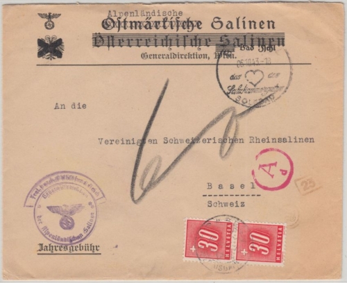 Schweiz - 2x30 C. Portomarke Frei d. Ablösung (!!) Bad Ischl - Basel 1943 Zensur