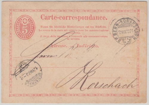 Schweiz - 5 C. Ziffer/Oval Ganzsache Bahnpost Bern Romanshorn 1873 n. Rorschach