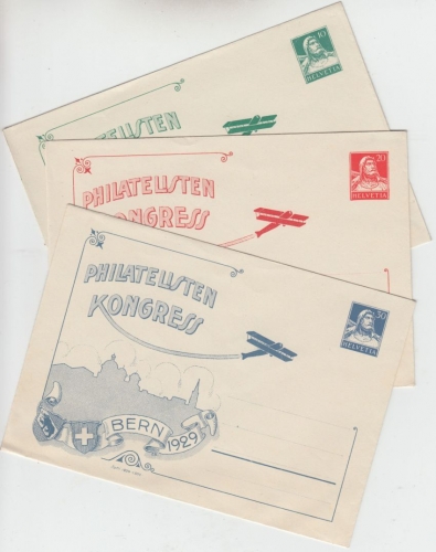Schweiz - Philatelisten Kongress Bern 1929 10/20/30 C. 3 Privatganzsachen ungebr