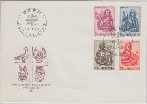 Schweiz - Freimarken Evangelisten 3/5/10/20 Fr. Schmuck-FDC ESST Bern 18.9.61