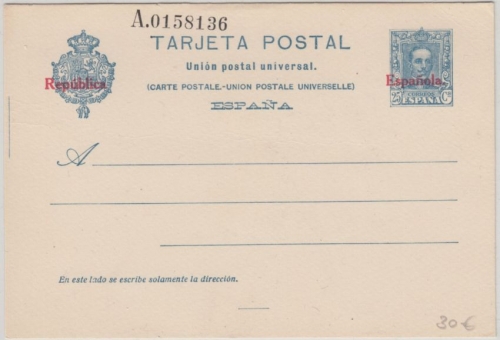 Spanien - 25 Cs. Alfons/Republica Espanola Ausgabe 1931 Ganzsache ungebraucht