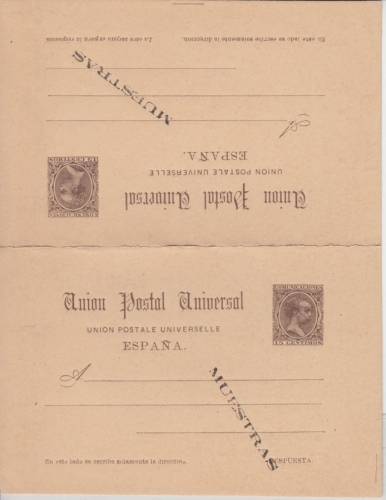 Spanien 15/15 Cs. Alfons MUESTRAS Ausgabe 1892 Ganzsache Doppelkarte ungebraucht