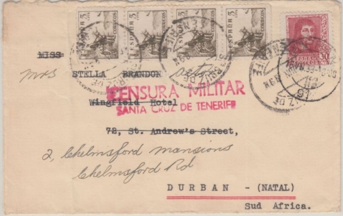 Spanien - 30 C. Ferdinand u.a. Zensurbrief n. SÜDAFRIKA Santa Cruz de Tenerife