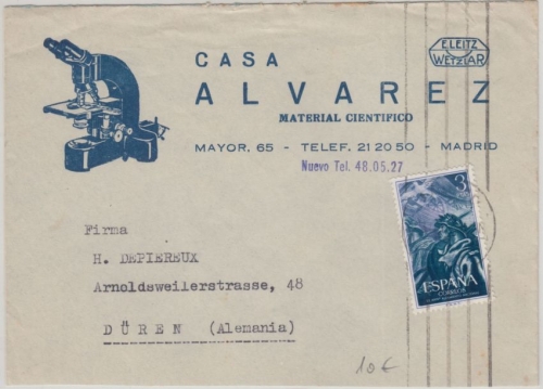 Spanien - 3 Pta. Alzamiento Nacional illustr. Luftpostbrief Madrid Düren 1954