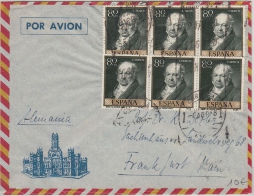 Spanien - 6x80 Cts. Goya Luftpostbrief Cordoba - Frankfurt/Main 1958