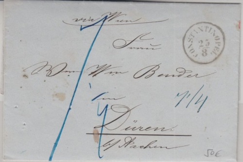Türkei österr. Post - Constantinopel 23/8 K1 desinfizierter Brief n Düren 1855