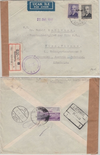 Türkei - 15+60 K Inönü Luftpost Einschreibebrief n. ÖSTERREICH Beyoglu Wien 1949