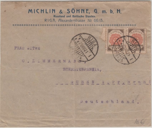 Lettland - 2x5 R. Freimarken Firmenbrief Riga - Guben 1921