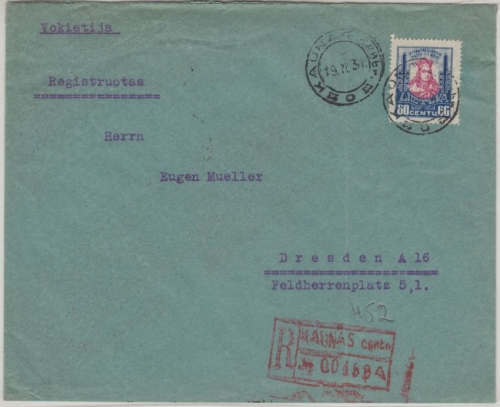 Litauen - 60 C. Vytautas Einschreibebrief Kaunas - Dresden 1931