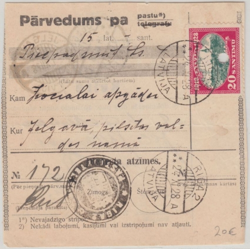Lettland - 20 S. Staatsgründung Postanweisung Riga - Jelgava 1928