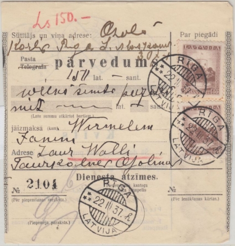 Lettland - 2x40 S. Verfassung Postanweisung Riga - Valle 1937