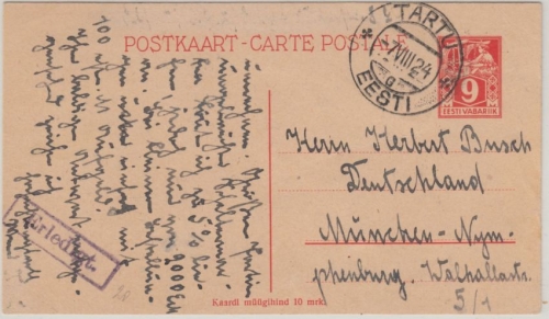 Estland - 9 Mk. Weberin Ganzsache Tartu - München 1924