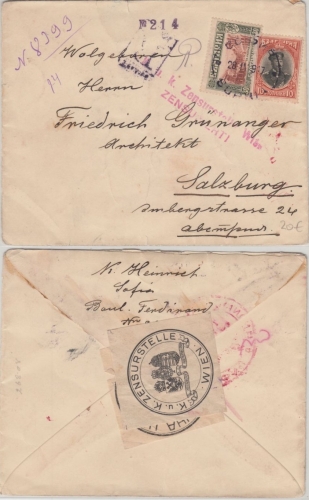Bulgarien - 30 St. Kloster Rila u.a. Einschreibebrief Sofia - Wien 1917 Zensur