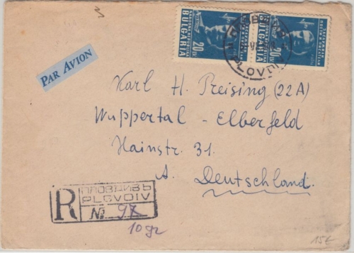 Bulgarien - 2x20 L. Wassov Luftpost Einschreibebrief Plovdiv - Wuppertal 1948