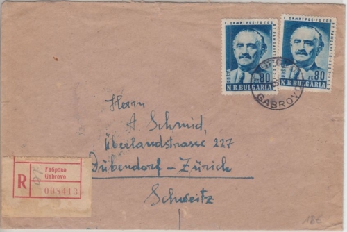 Bulgarien - 2x80 St. Dimitrov Einschreibebrief i.d. SCHWEIZ Gabrovo 1952 n.