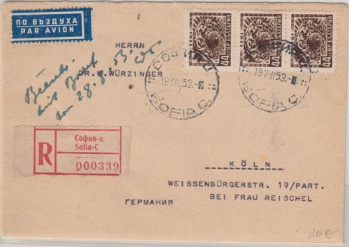 Bulgarien - 3x44 St. Freimarken Luftpost Einschreibebrief Sofia - Köln 1953