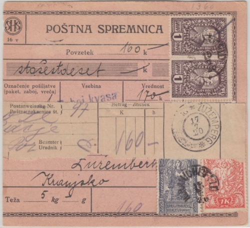 Slowenien - 1 K. Friedensengel u.a. Postanweisung Kranischsfeld - Zuzemperg 1920