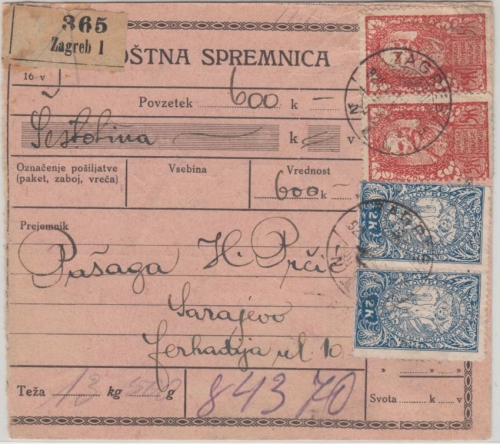 Slowenien/Kroatien - 2x5 K König Peter u.a. Postanweisung Zagreb - Sarajevo 1920