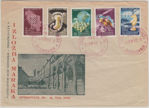 Jugoslawien - Schach Olympiade Dubrovnik Satz Schmuckkuvert SST 1950 kein FDC
