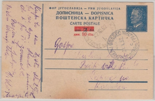 Jugoslawien - 10 a 2 Din. Tito Ganzsache Überdruck Aufbrauch Slovenj Gradec 1952