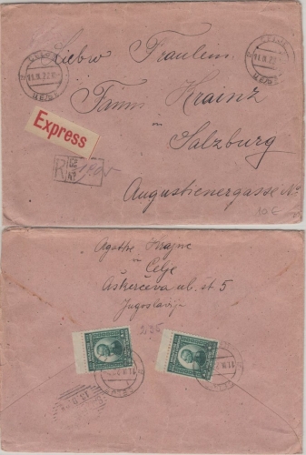 Jugoslawien - 2x4 Din König Peter Einschreiben Eilbrief n. ÖSTERREICH Celja 1922