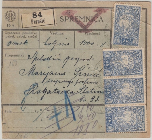 Kroatien/Slowenien - 4x2 K. Friedensengel u.a. Wertpaketkarte Perusic 1920 n.