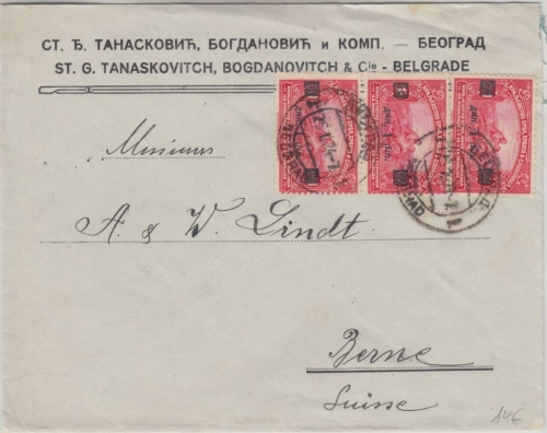 Jugoslawien - 3x1 Din a 10 Pa. Kriegsbeschädigte Brief i.d. SCHWEIZ Belgrad 1924