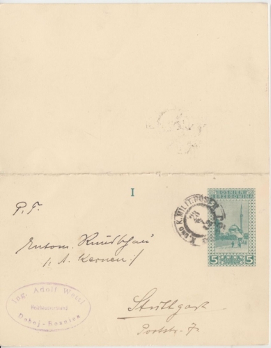 Bosnien & Herzegowina - 5/5 H. Ganzsache Doppelkarte Doboj - Stuttgart 1917