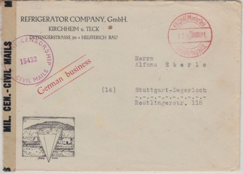 Bizone - Kirchheim u. Teck 1946 Gebühr bezahlt Tagesstempel illustr. Zensurbrief