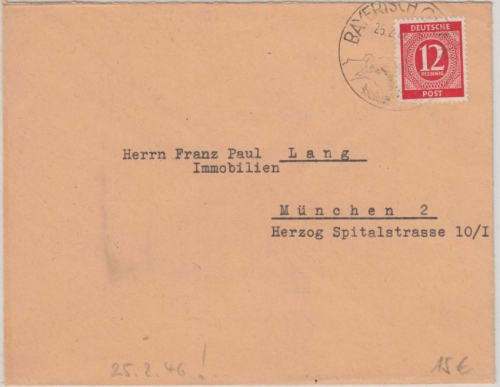 Kontrollrat - 12 Pfg. Ziffer rot Brief Bayrisch Gmain 25.2.46 n. München