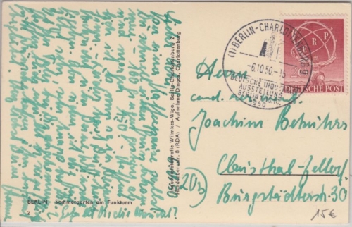 Berlin - 20 Pfg. ERP Karte SST Industrieuasstellung n. Clausthal 6.10.50