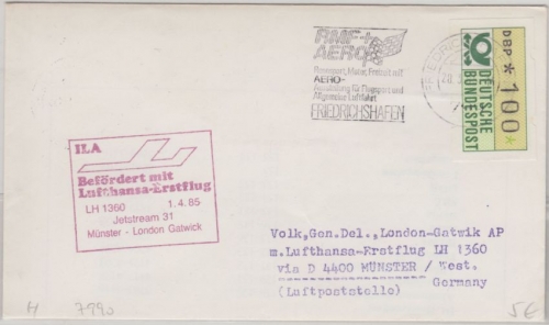 BRD - Lufthansa Erstflug Münster London Gatwick Zuleitung Friedrichshafen 1985