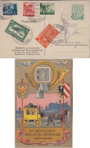 DR - 27. Dt. Philatelistentag Nürnberg 1921 Privatganzsache + Vignetten Flugpost