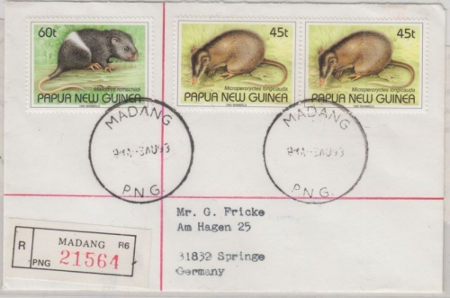 Papua Neuguinea - Madang 1993 Einschreibebrief 2x45 + 60 t Säugetiere