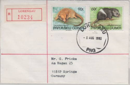 Papua Neuguinea - Lorengau 1993 Einschreibebrief 90 + 60 t Säugetiere