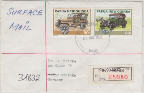 Papua Neuguinea - Finschhafen 1995 Einschreibebrief 60+90 t Oldtimer Automobil