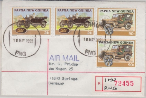 Papua Neuguinea - Ihu 1995 Einschreibebrief 2x90+2x21 t Oldtimer Automobil