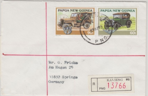 Papua Neuguinea - Kavieng 1995 Einschreibebrief 60+90 t Oldtimer Automobil