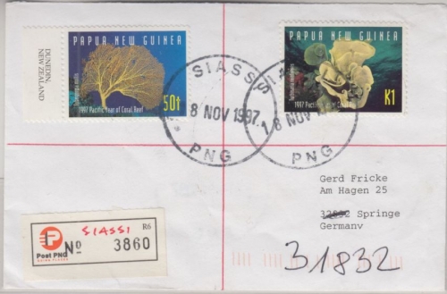 Papua Neuguinea - Siassi 1997 Einschreibebrief K1+50 t Korallen